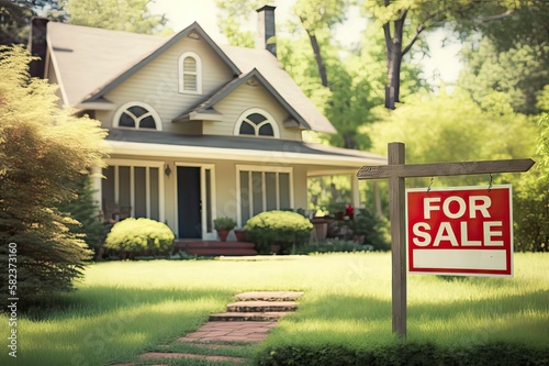 Home for sale: Real Estate Sign in Spring/Summer. Photo generative AI