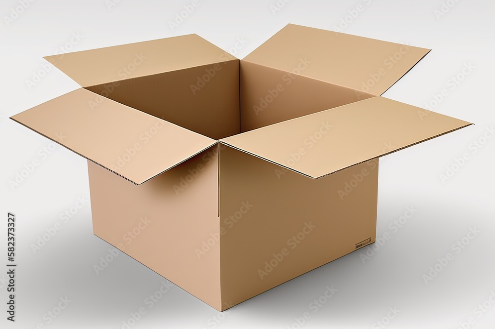 Isolated blank cardboard box on white with clipping path. Photo generative AI Isolated blank cardboard box on white with clipping path. Photo generative AI