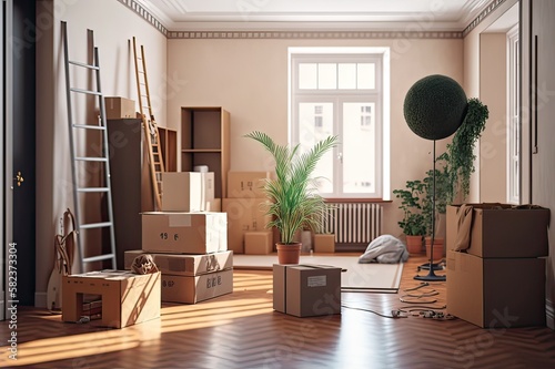 Moving into New Home: Empty Apartment Filled with Boxes and Furniture. Photo generative AI