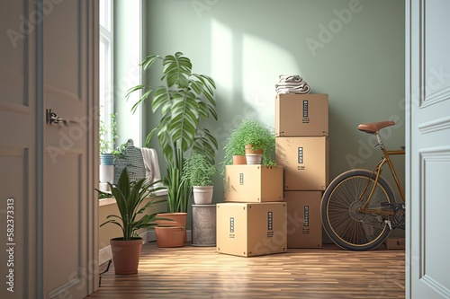 Moving: Boxes, Plants, Bike in Empty Room. Photo generative AI photo