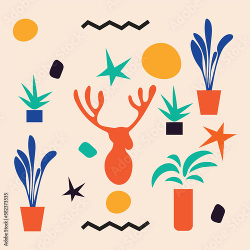 Flat Matisse style abstract colorful illustration of a deer in a pot with plants and stars shapes background illustration for print elements.