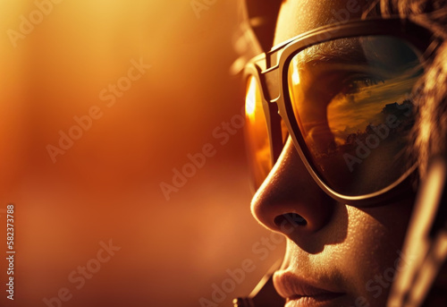 Woman wearing reflective aviator sunglasses at sunset, Generative AI. photo