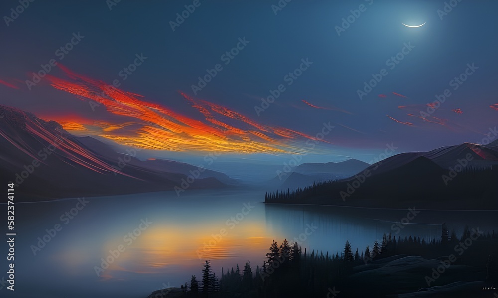 Wieczór, ostatnie przebarwienia na niebie zachodzącego słońca, kolory odbite w wodzie, spokojna dolina w dali góry, na pierwszym planie jezioro i las. Wygenerowane przy pomocy AI. - obrazy, fototapety, plakaty 