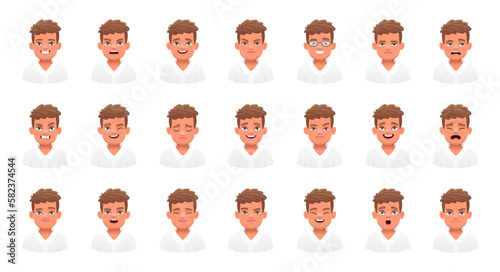 Facial expression of a handsome boy in a white shirt. Set of different emotions of a cute white child. Smile, happiness, anger, joy, surprise, fear, etc.