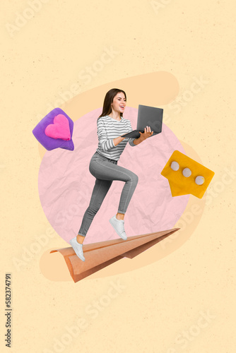 Vertical 3d collage picture artwork image of positive girl hurry meeting with followers typing post isolated on painting background