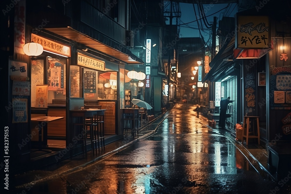 Japanese wet Street with a few neon lights, small stores and restaurants at night