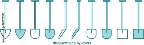 set of shovels for labor work, blue vector icons