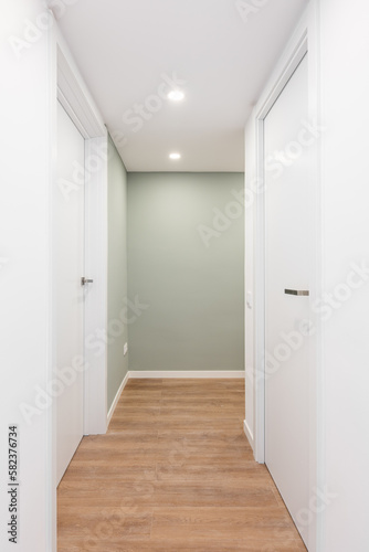 Light corridor with entrances to rooms with doors and turning to the right. Concept of renovation and moving into a compact new apartment or mini hotel. Copyspace