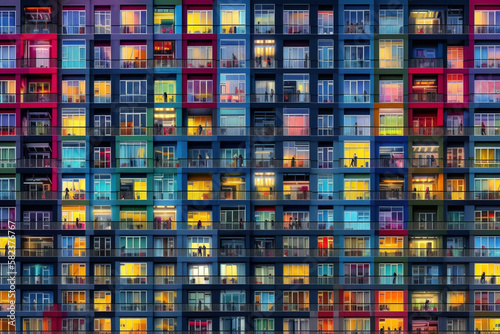 Colourful skyscraper with a lot of windows and people inside. Vibrant complex AI illustration