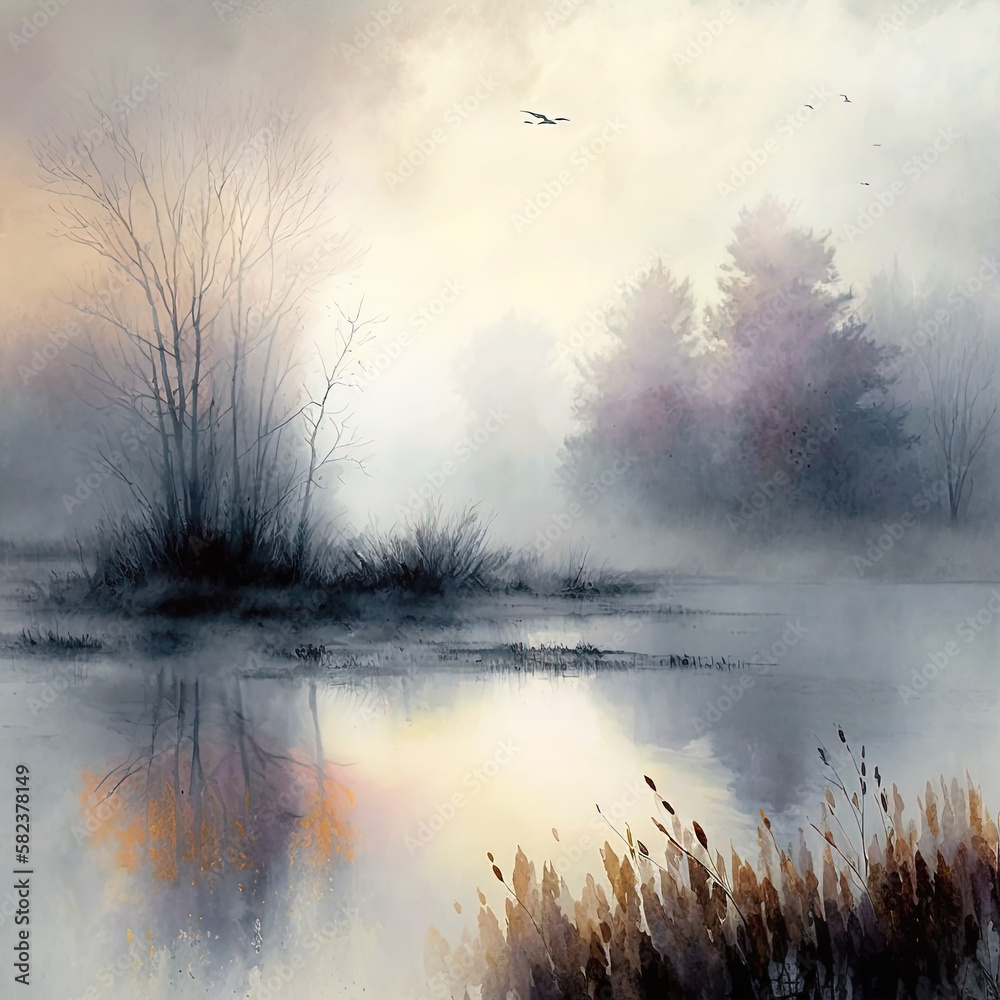 misty morning on the lake watercolor