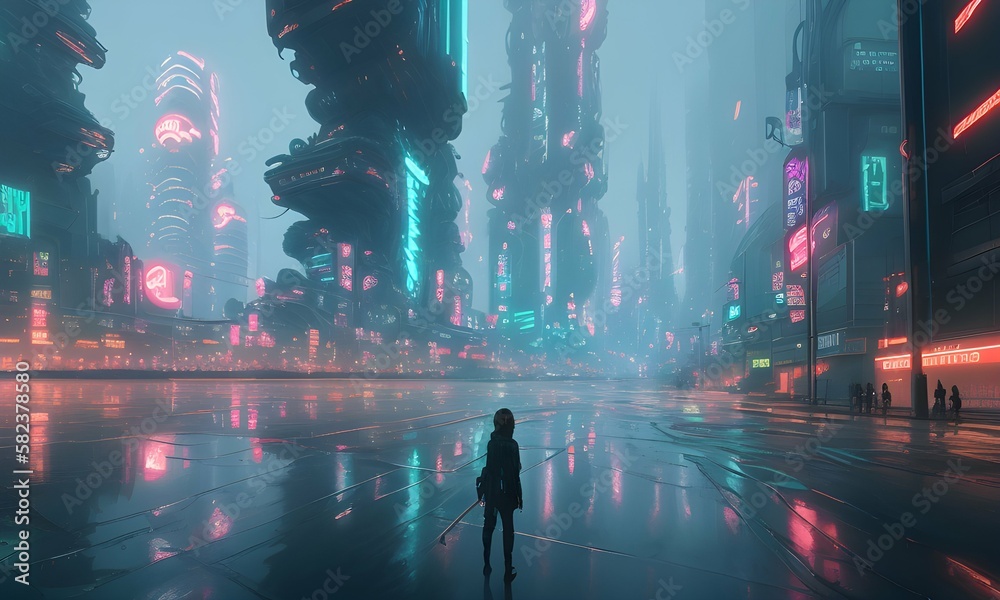 futuristic city, streets of an unreal metropolis, soft neon light, reflection, fantasy, generated in AI