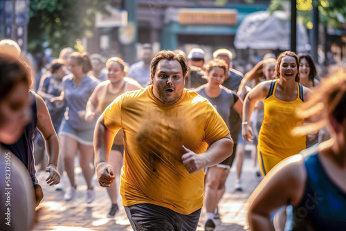 Purposefulness, motivation and achievement of goals. Fat men run a marathon. An overweight man takes part in a running competition. generative ai. Motivation to play sports, you can.