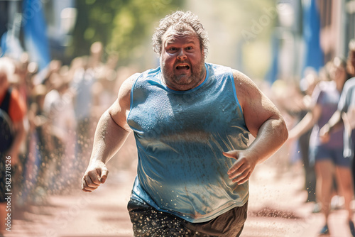 Do the impossible, achieve the goal.A fat man in a blue t-shirt runs a marathon.The fat man takes part in a running competition,striving to the finish line with the last of his strength.Generative AI