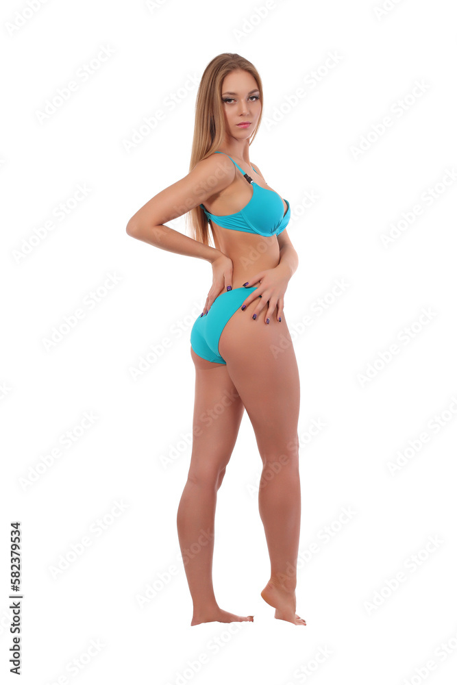 slender woman in swimsuit on white background slender woman in swimsuit on white background