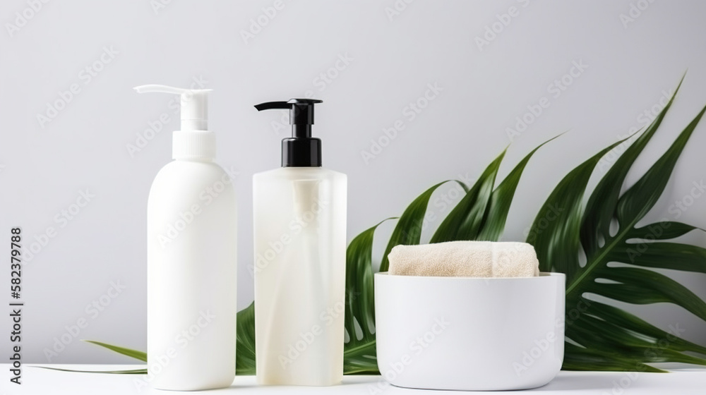 White cosmetic bottles on white background with copy space. AI