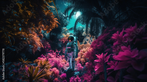 An astronaut standing in the jungle surrounded by flowers. Surreal psychedelic wallpaper. AI