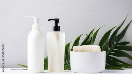 White cosmetic bottles on white background with copy space. AI