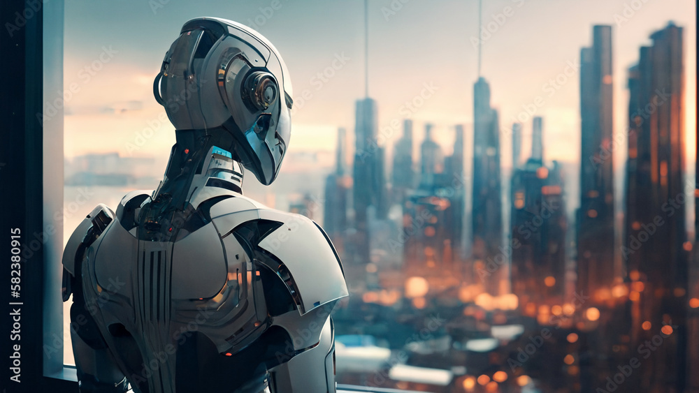 robot overlooking a city and thinking  