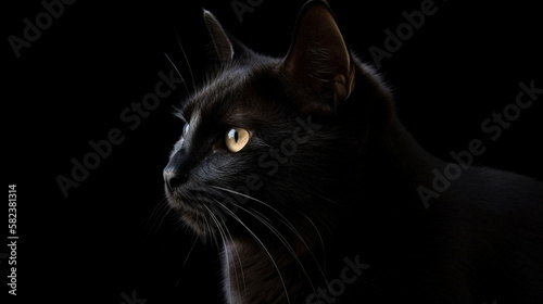 black cat portrait, black background, elegent cat photo