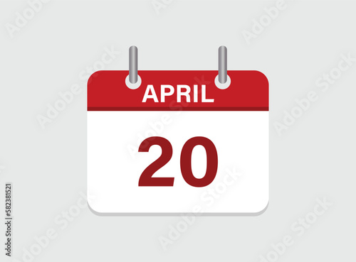 20th April calendar icon. Calendar template for the days of April. Red banner for dates and business.