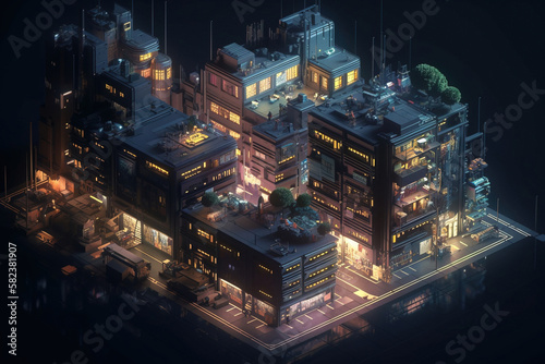 Dark urban cyberpunk city area at night, Isometric view. Glowing streets. Digitally generated AI image © 0livia