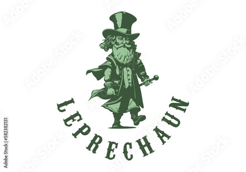 Vector green funny little walking leprechaun in a suit, top hat and with a cane. Logo, sticker or icon. White isolated background