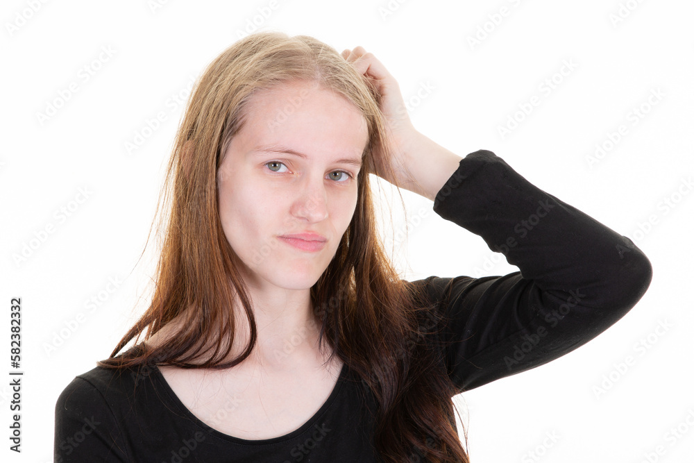young puzzled woman blonde scratch head think wrong bad problem on white background girl facial expression emotion young puzzled woman blonde scratch head think wrong bad problem on white background girl facial expression emotion