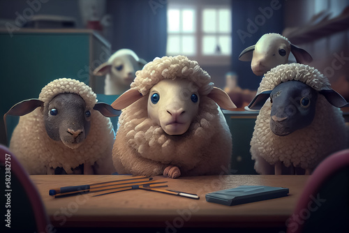 illustration of sheep sit at school in the classroom stupid students . ai photo