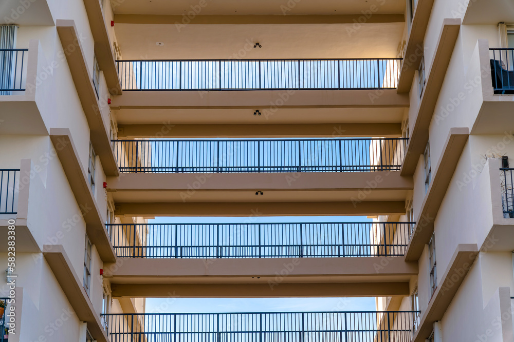 MIAMI, FLORIDA CIRCA MAY, 2022 Longwood Towers exterior with open