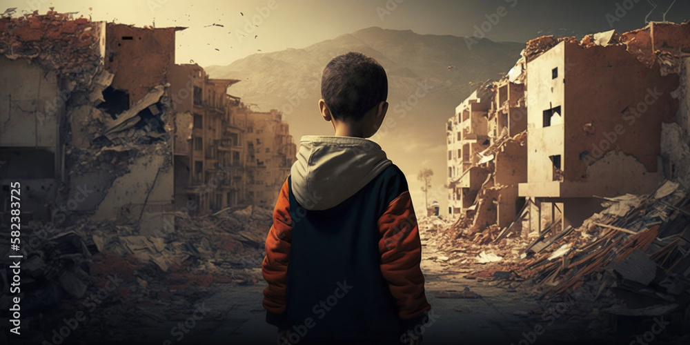 a boy standing in front of collapse buildings area, natural disaster or war victim, sorrow scenery idea for support children's right , especially Turkey and Syria earthquake. Generated AI