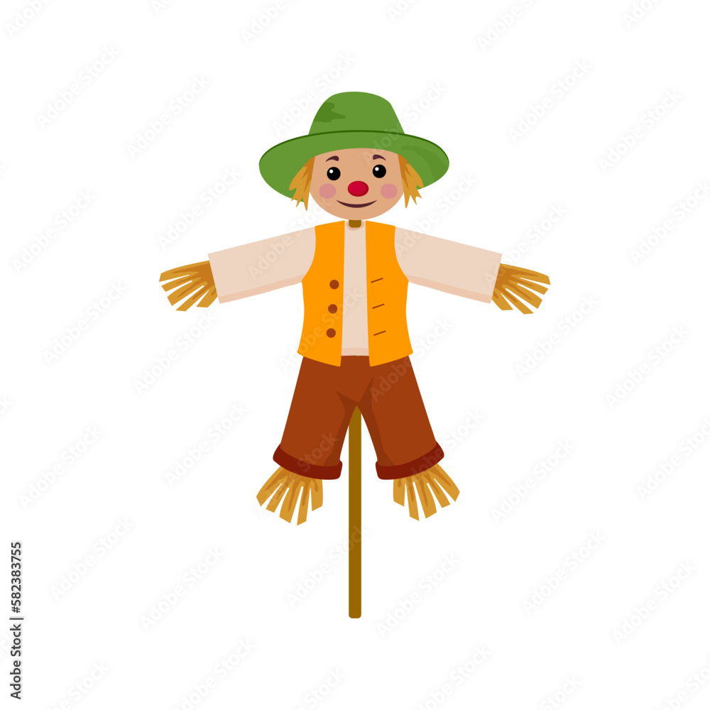 Cheerful scarecrow cartoon character , vector illustration