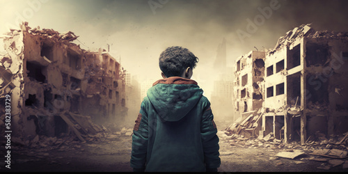 a boy standing in front of collapse buildings area, natural disaster or war victim, sorrow scenery idea for support children's right , especially Turkey and Syria earthquake. Generated AI