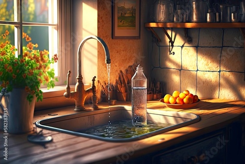 water flows from tap in beaful cozy kitchen, created with generative ai photo