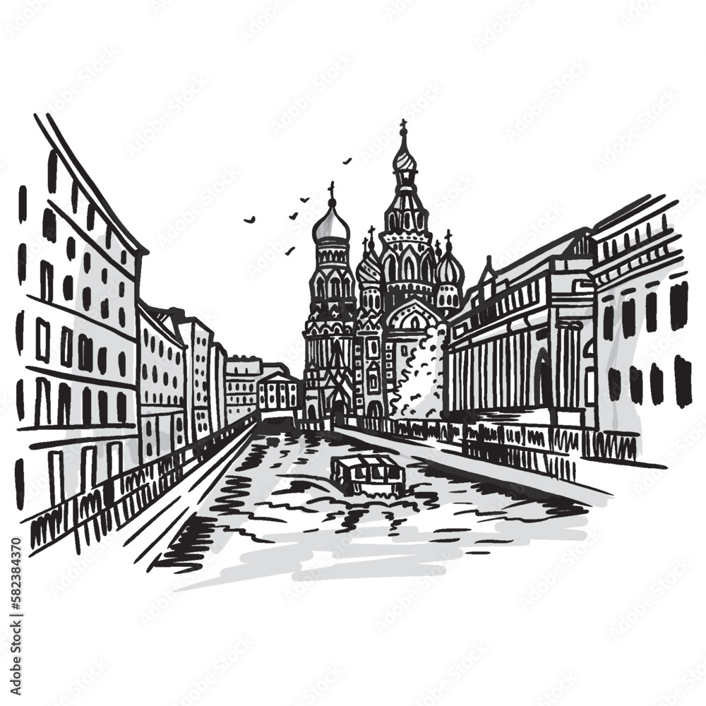 Cathedral of the Savior on Blood in St. Petersburg. Sketch. Black and white illustration.