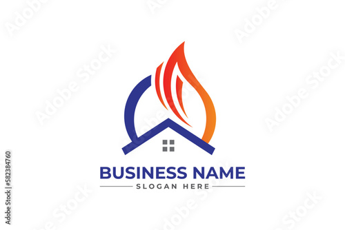 home with a gas or fire logo. HVAC, oil, gas, air condition, and heating logo	
