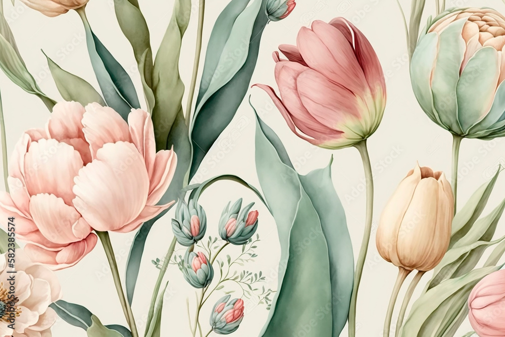 Fototapeta Pattern of spring and summer colors in pastel palette on light background, design summer background with space for text. Generative AI