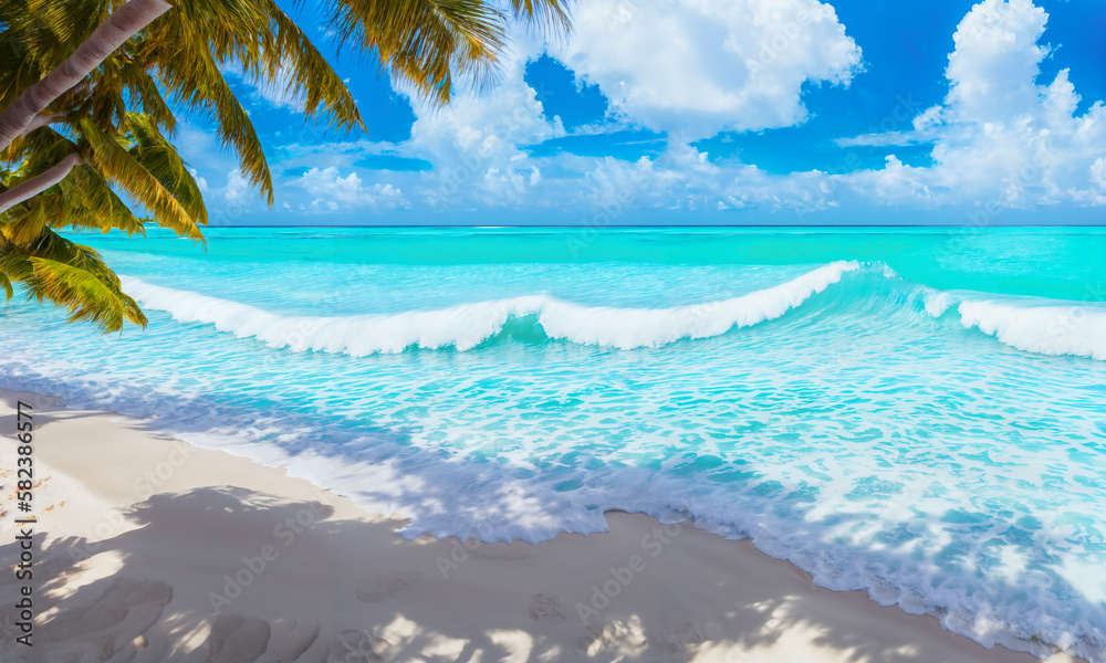 Tropical beach with palm trees and ocean waves. Generative AI