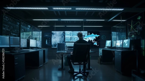 Cybersecurity concept. Man sitting in front of multiple monitors. Dark room. Network operations centre. Near a server room. Cyber awareness training. Cyber Concept..