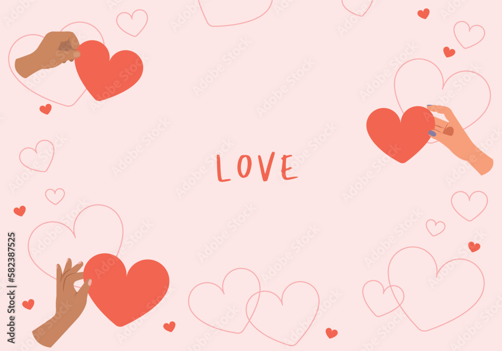 Giving love banner, Hands holding hearts, Charitable donation and volunteer card, background with hearts.