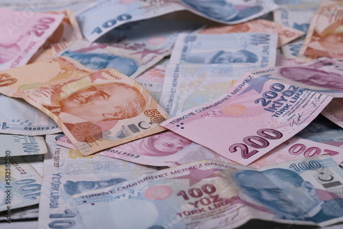 Turkish banknotes. TRY or TL. Numbers macro shot.5,10,20,200 Turkish Lira photo