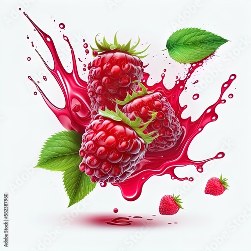 Realistic raspberry with red juice splash explosion with green leaves. Digital art illustration