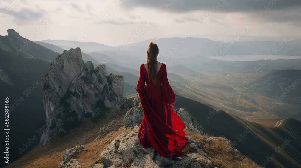 Fototapeta premium woman in long red dress in the mountains, generative ai