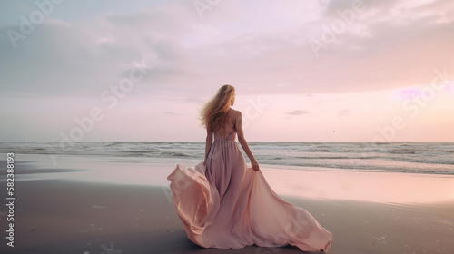 beautiful woman in long pink dress walking on the beach at sunset, generative ai