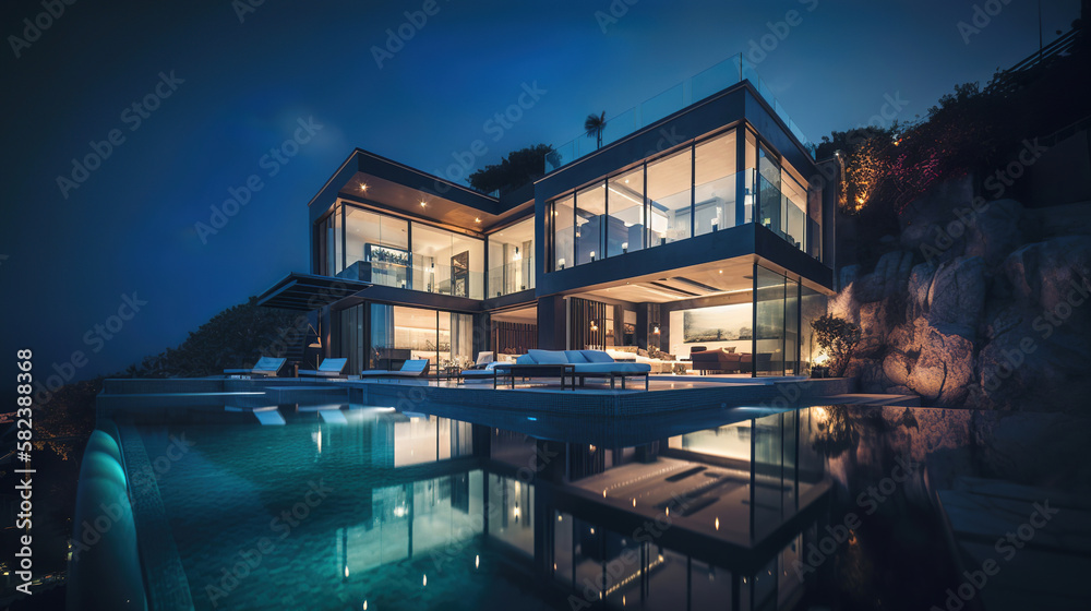 luxury house with pool in the night, generative ai luxury house with pool in the night, generative ai