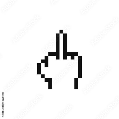 Middle finger up. Pixel icon. Computer hand cursor. Video game sprite. Isolated vector illustration. Print design.