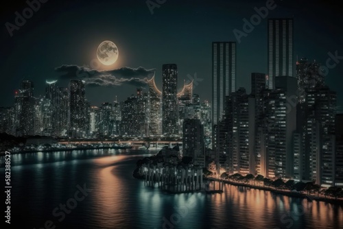 City skyline with a full moon, an illustration of art
