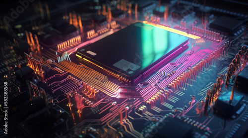 technology background, close-up of computer circuit board, cpu, microchip, generative ai