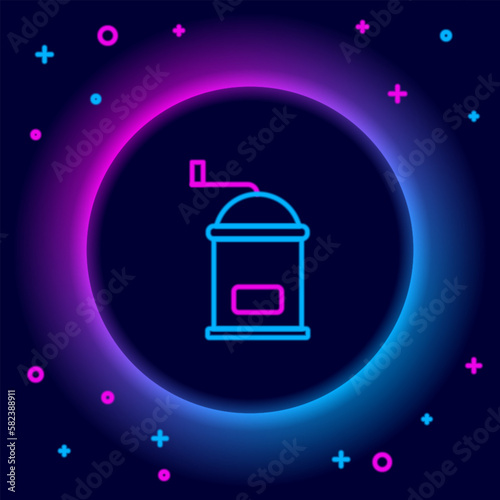 Glowing neon line Manual coffee grinder icon isolated on black background. Colorful outline concept. Vector