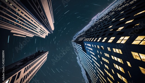 Upward view from bellow to high rise skyscrapers building under beautiful night sky with stars trails, big sleeping city downtown with tall corporate business buildings, generative AI