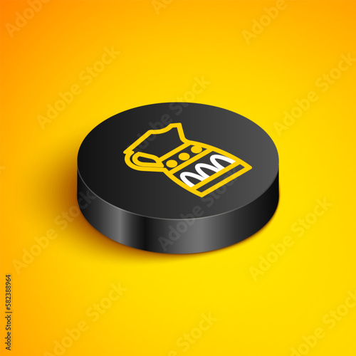 Isometric line Sangria pitcher icon isolated on yellow background. Traditional spanish drink. Black circle button. Vector